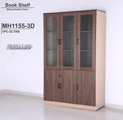 3 Door Stylish Walnut Book Shelf with Glass Doors