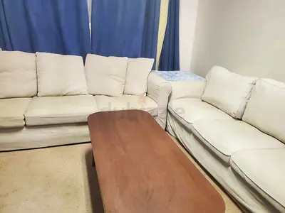 Cream fabric 3-seater + 3-seater sofa set with wooden center table