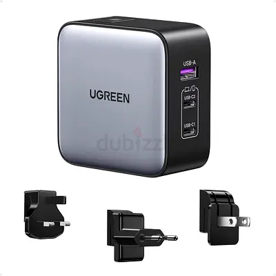 UGREEN 65W Universal Travel Adapter Type C Charger with US/UK/EU Plug, 3-Port Nexode GaN USB-C Wall