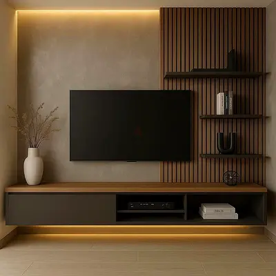 Modern floating TV unit with wooden slat feature and shelves