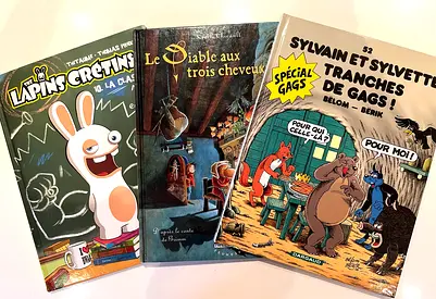 Set of 3 French childrens books — Sylvain et Sylvette, Le diable aux trois cheveux, Lapins Crétins