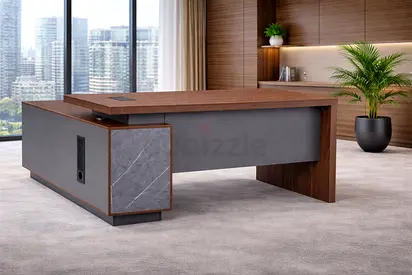 Modern Southern Walnut Office Desk with Side Storage Cabinet – Wooden Manager Table for Office Use