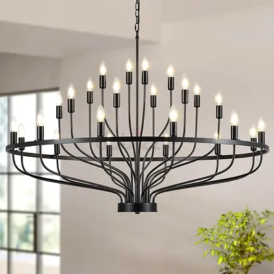 24 Light Black Candle Style Modern Farmhouse Wagon Wheel Chandelier