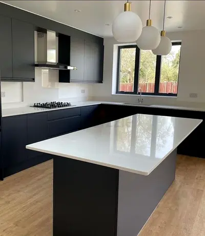 Stylish Modern kitchen island with white quartz countertop
