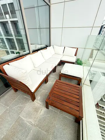 Wooden Outdoor Corner Sofa Set with White Cushions — Balcony Lounge