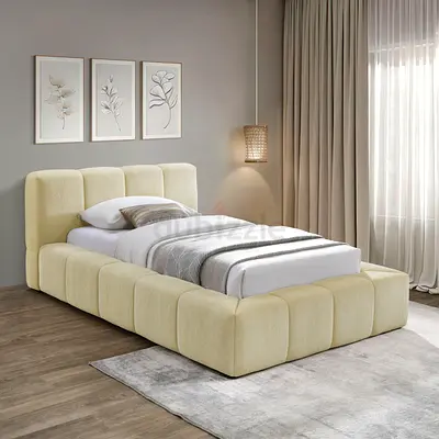 My Cream Upholstered Platform Bed with Padded Headboard
