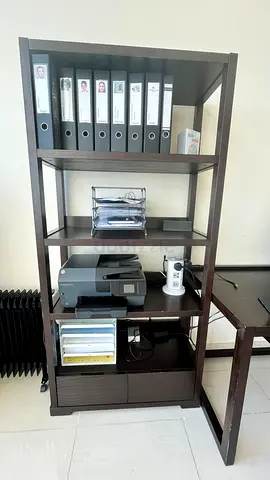 Dark brown wooden office bookcase — 4 shelves, 2 bottom drawers, in excellent condition.