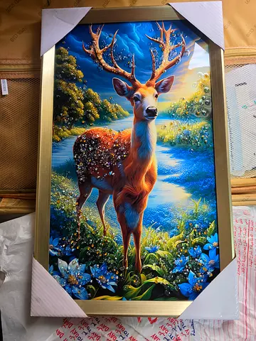 Framed vibrant deer painting with glittery stones — ready to hang