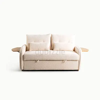 Ivory 2-seater sofa-bed with wooden armrest trays