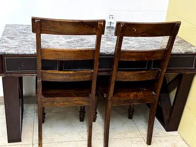Wooden Dining Table with 4 Chairs – Marble Design Top – Good Condition