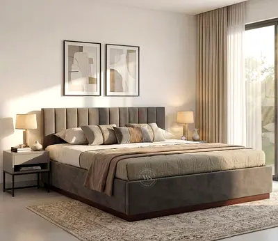 Grey Upholstered Bed Frame with Headboard