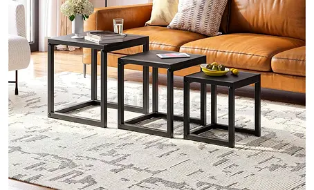 Tables Set of 3, Stacking Side Tables, Sofa End Tables, Wooden Coffee Table, Steel Metal Legs