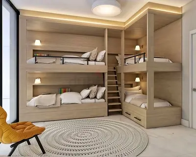 My custom built-in 4‑bunk wooden bed unit - light oak finish