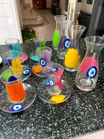 Set of 6 Turkish tea glasses with saucers — and 4 juice glasses