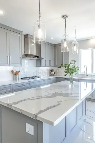 Kitchen Island with Quartz Marble-Effect Countertop