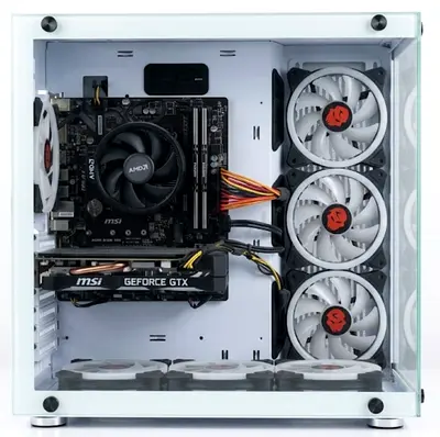 Custom white gaming desktop — AMD CPU, MSI GeForce GTX, glass side, multiple case fans