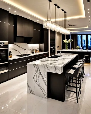 Modern black-and-white marble kitchen island with breakfast bar