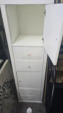 White storage cabinet with drawers and open compartment - good condition