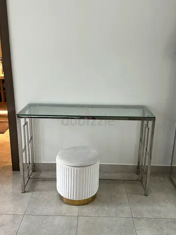 Glass-top chrome console table without velvet ottoman