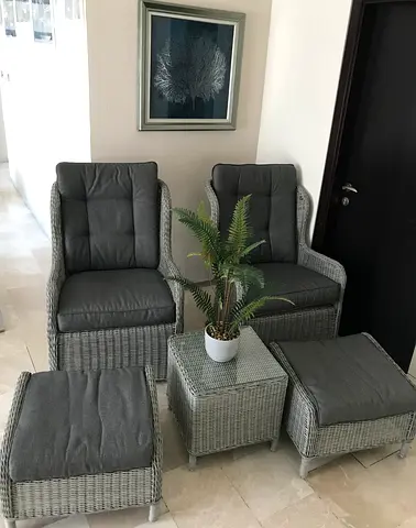 My grey rattan outdoor set — 2 chairs, 2 ottomans  side table