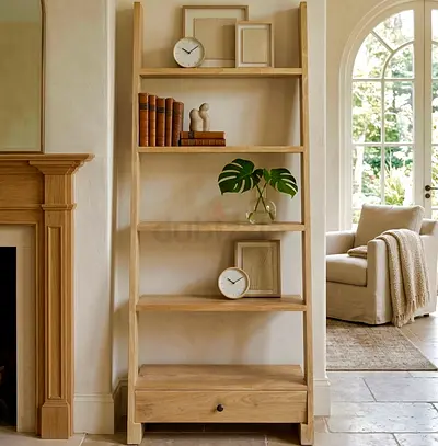 Solid Wood Ladder Bookshelf with Drawer