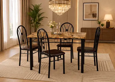Modern 4 Seater Dining Table Set – Stylish Dining Table with Black Metal Chairs for Dining Room