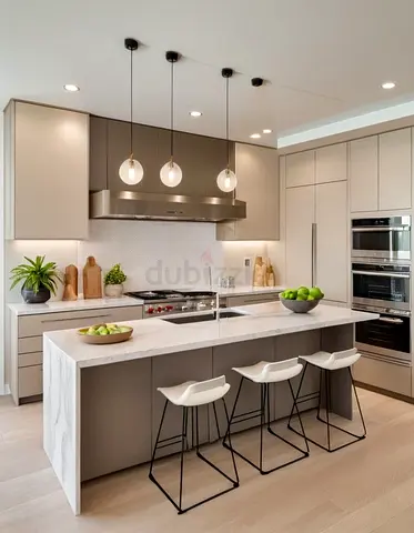 Modern kitchen island with marble waterfall top