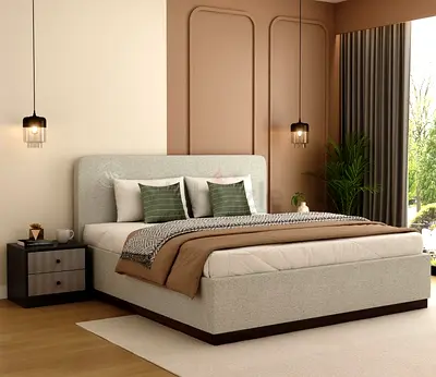 Light grey upholstered bed frame with padded headboard