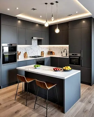 Modern grey kitchen island with built-in cabinets and marble countertop
