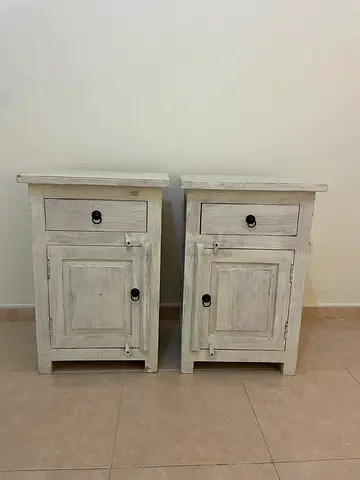 Pair of rustic wooden white bedside tables (nightstands)