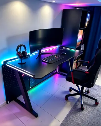 A sleek black gaming table featuring vibrant RGB lighting, a convenient built-in cup holder, and stu