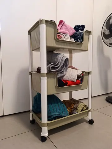 3-Tier Plastic Rolling Storage Cart (Beige/White) — Good Condition