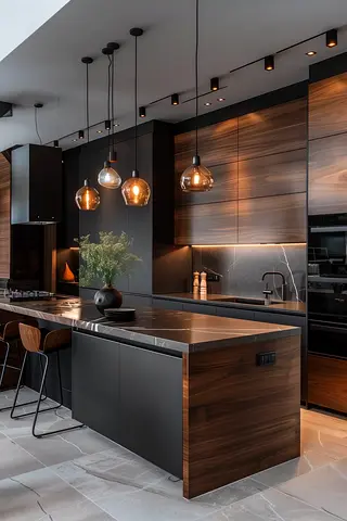 Modern walnut kitchen island with marble countertop