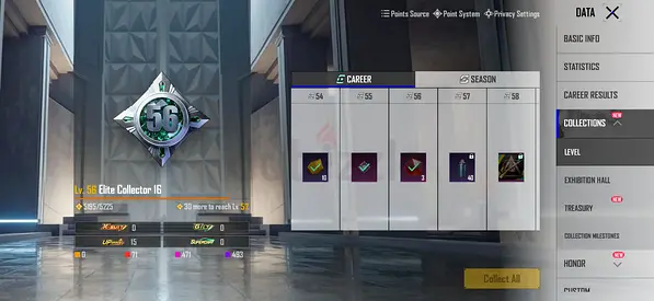 Mobile game account — Level 56 Elite Collector with season rewards