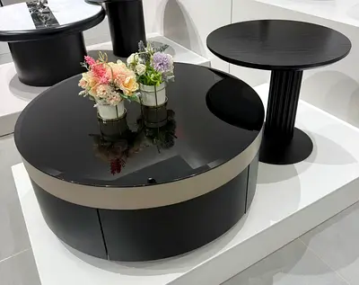 Round black glossy coffee table with side table (set)