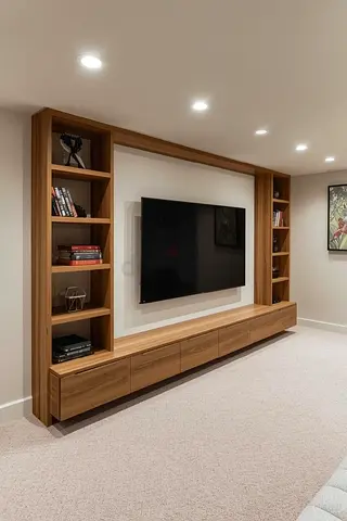 solid wood wall entertainment unit with shelves and drawers