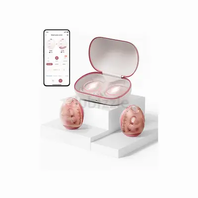 Wearable hands-free double electric breast pump with charging case.