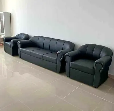 Black faux-leather 3-seater sofa with 2 matching armchairs