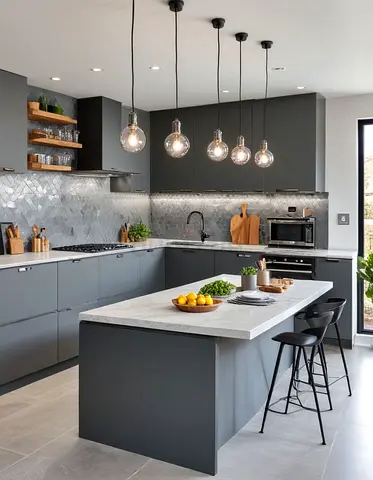 Nodern grey kitchen island with marble top