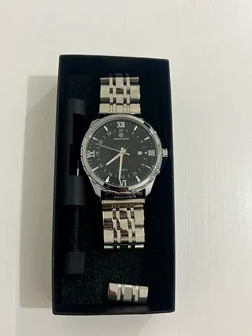 My mens stainless steel dress watch - black dial, Roman numerals