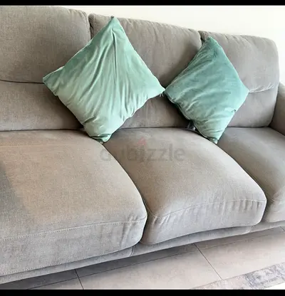 Two-seater light grey fabric sofa - gently used and one table and carpet
