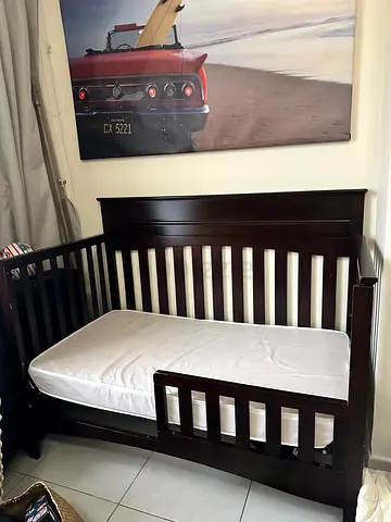 Dark wooden baby crib with mattress (used) 3 in 1 bed for new born up to 6years