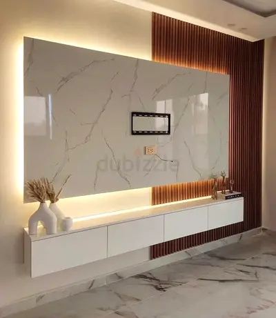 Floating TV Unit — Marble-Effect Back Panel with LED Accent Lighting