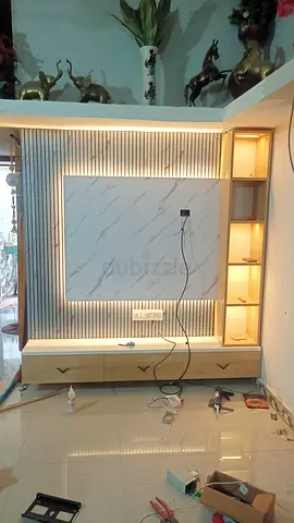 Wooden TV Entertainment Unit with LED Shelves and Drawers