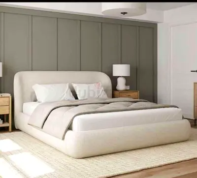 Light beige upholstered platform bed with rounded headboard (my listing)
