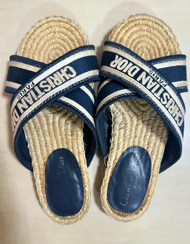 Christian Dior Espadrille Slide Sandals - Navy/Beige