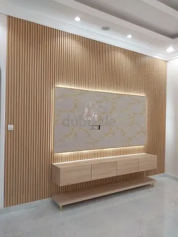 Modern vertical wood slat TV Unit