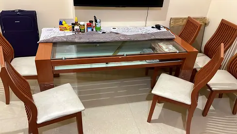 Wooden Dining Table with Glass Top and 6 Chairs