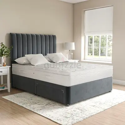 Grey upholstered Queen Size bed with padded headboard