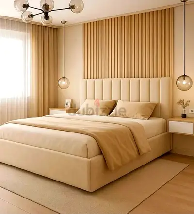 Brand New Beige upholstered King Size bed frame with padded headboard and floating nightstands